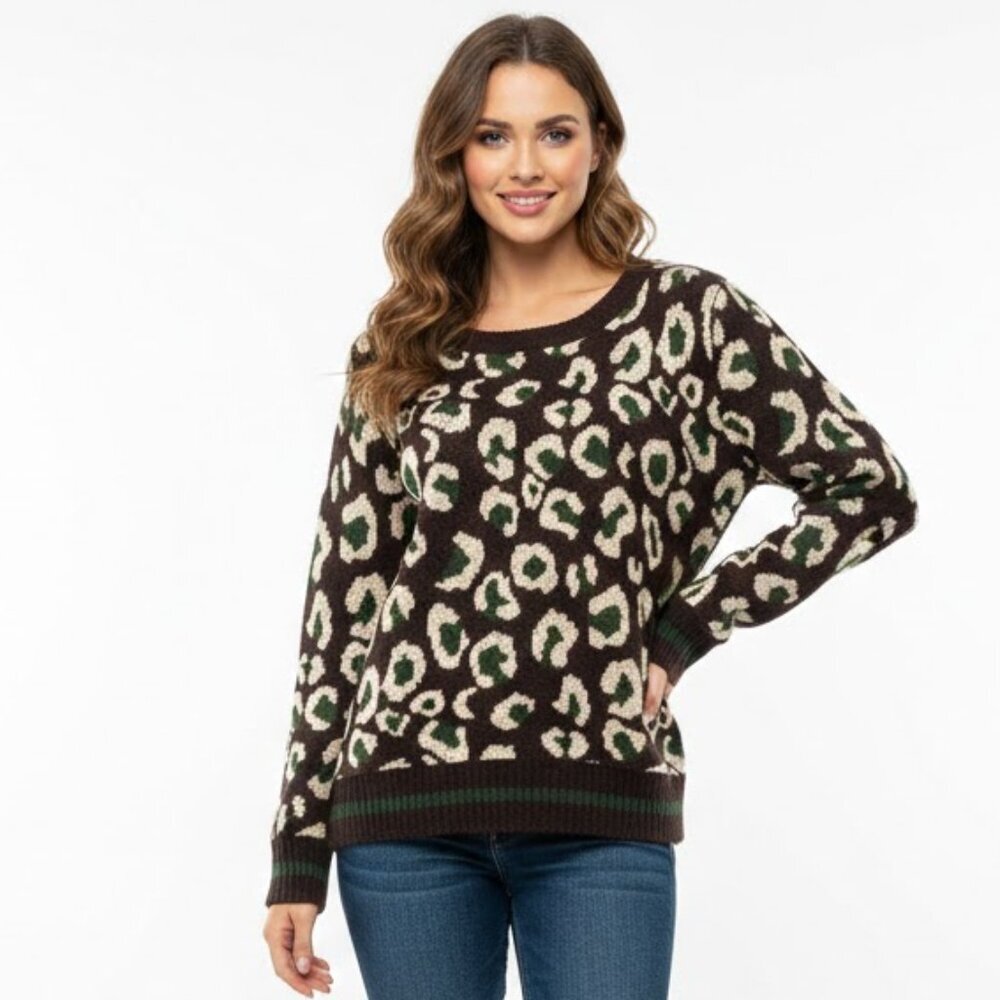Green and Black Leopard Print Sweater